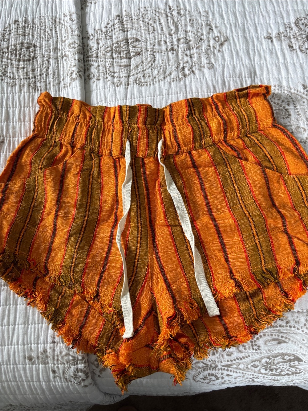 BDG Striped Orange Drawstring Fringe Hem Shorts NWOT